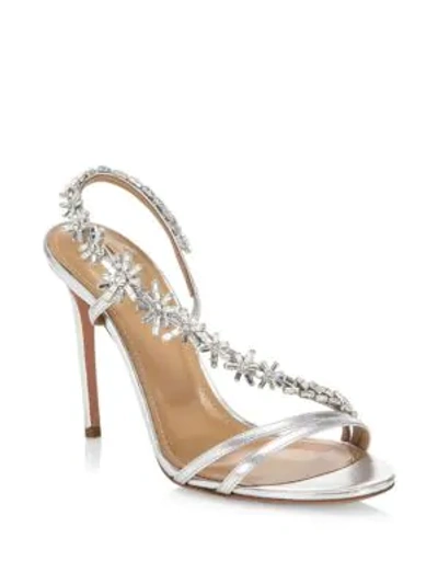 Shop Aquazzura Chateau Crystal-embellished Leather Sandals In Silver