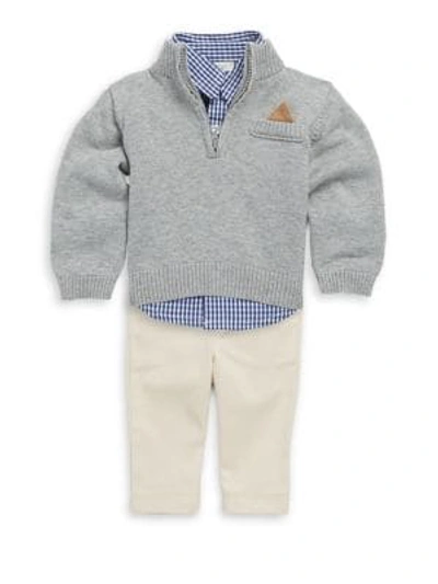 Shop Miniclasix Baby Boy's Cotton Three-piece Button-down Checker Shirt, Rib-knit Sweater & Pants Set In Grey