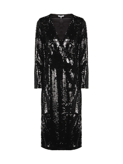 Shop Ganni Sequin-coated Wrap Long Dress In Black
