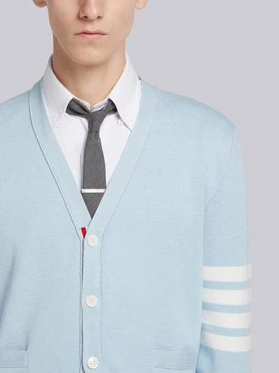 Shop Thom Browne Pastel Bluemilano Stitch Cotton 4-bar V-neck Cardigan