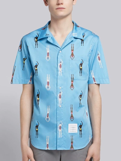 Shop Thom Browne Swimmer Print Polo Collar Shirt In Blue