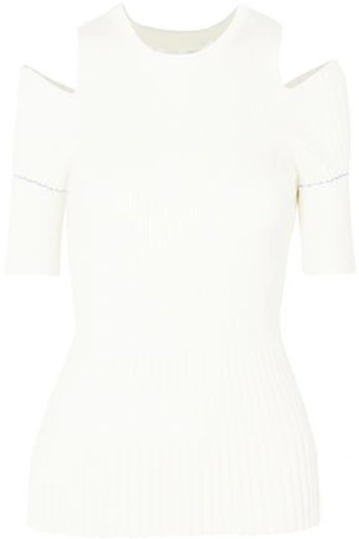 Shop Victoria Beckham Cold-shoulder Ribbed-knit Wool-blend Top In Off-white