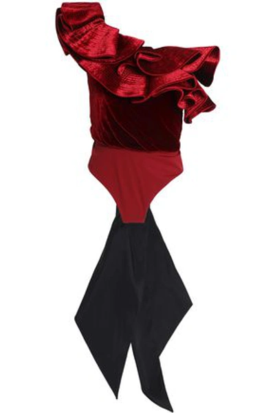 Shop Johanna Ortiz Lorca One-shoulder Ruffled Velvet And Stretch-jersey Bodysuit In Crimson