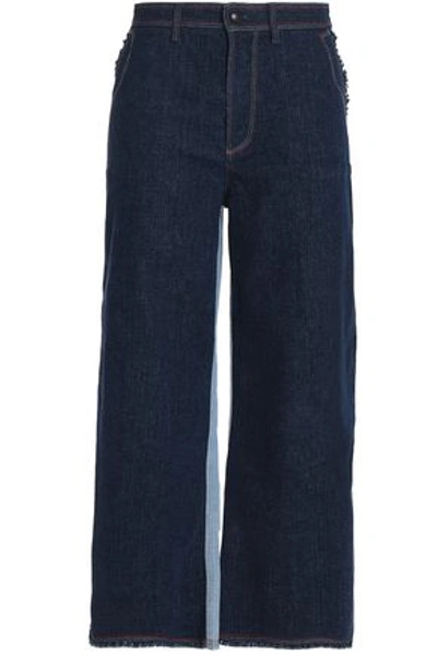 Shop Sonia Rykiel Woman Two-tone Frayed High-rise Wide-leg Jeans Dark Denim