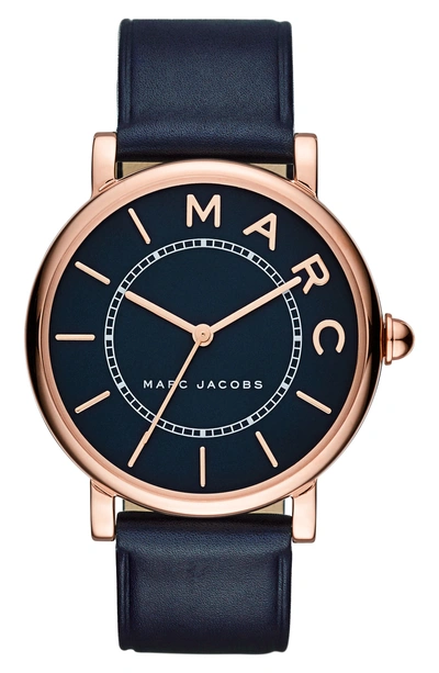 Shop Marc Jacobs Classic Leather Strap Watch, 36mm In Blue/ Rose Gold