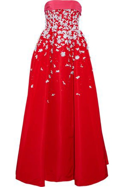 Shop Carolina Herrera Woman Strapless Floral-appliquéd Silk-faille Gown Red
