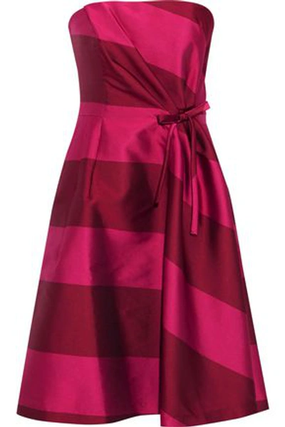 Shop Carolina Herrera Strapless Bow-embellished Striped Satin Dress In Claret