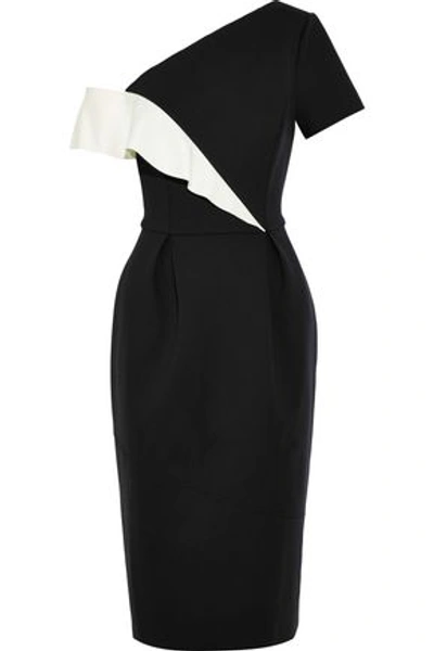 Shop Carolina Herrera Woman Cold-shoulder Two-tone Neoprene Dress Black