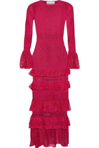 Shop Carolina Herrera Tiered Pointelle-knit Midi Dress In Fuchsia