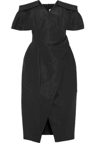 Shop Carolina Herrera Off-the-shoulder Wrap-effect Silk-faille Dress In Black