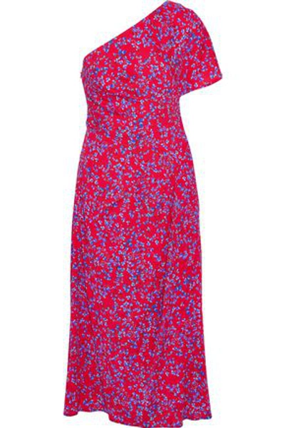 Shop Carolina Herrera Woman One-shoulder Floral-print Silk-blend Seersucker Midi Dress Red