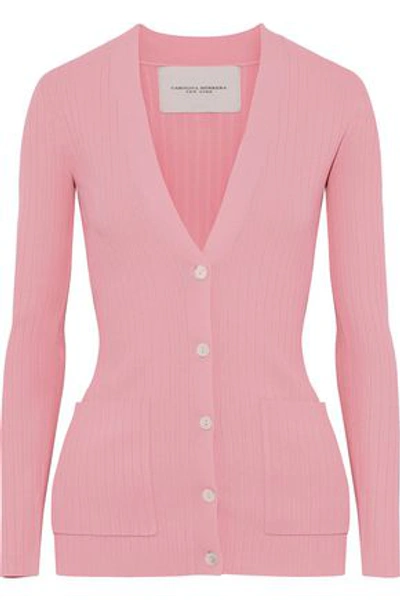 Shop Carolina Herrera Woman Ribbed-knit Cardigan Baby Pink