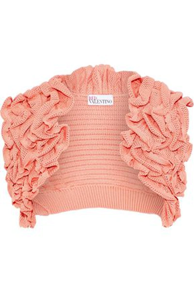 Shop Red Valentino Woman Ruffled Crochet-knit Cotton Shrug Coral