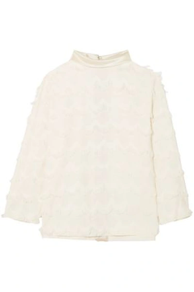 Shop Marc Jacobs Woman Satin-trimmed Fringed Crepe Blouse Ivory