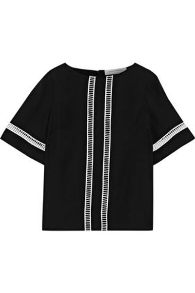 Shop Carolina Herrera Lattice-trimmed Silk-crepe Blouse In Black