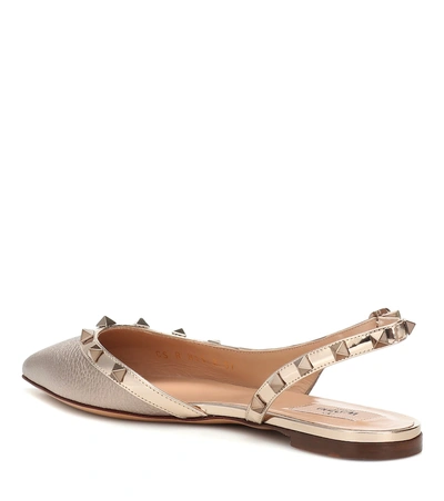 Shop Valentino Rockstud Metallic Leather Slingback Ballet Flats In Gold