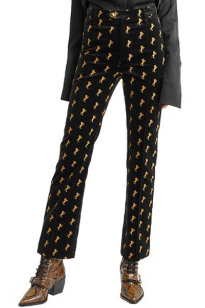 Shop Chloé Woman Embroidered Cotton-blend Velvet Bootcut Pants Black