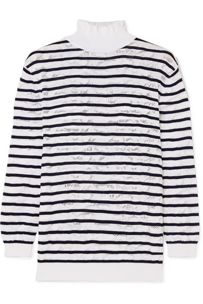 Shop Chloé Striped Cotton-blend Lace Turtleneck Sweater In Navy