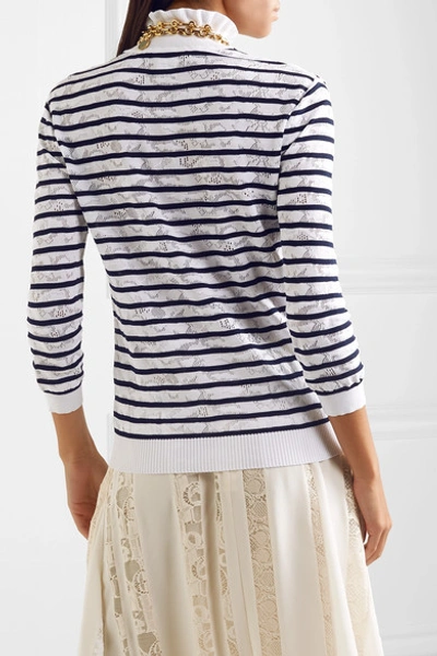 Shop Chloé Striped Cotton-blend Lace Turtleneck Sweater In Navy
