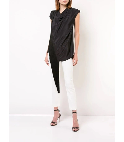 Shop Adam Lippes Fringed Silk Crepe Cowl Neck Top In Black