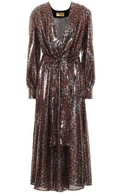 Shop Msgm Leopard-print Sequinned Midi Dress In Marrone