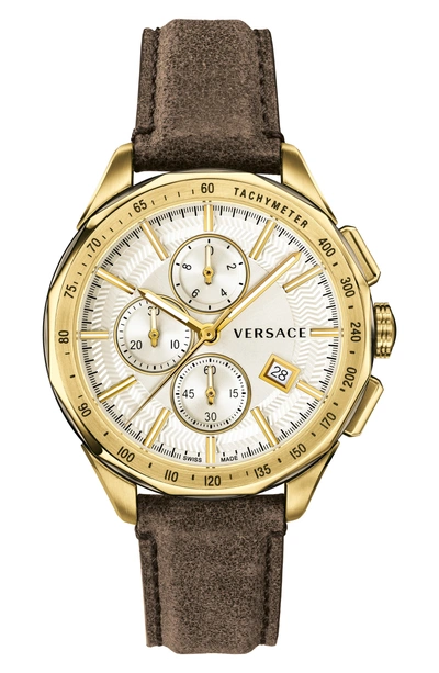 Shop Versace Glaze Chronograph Leather Strap Watch, 44mm In Brown/ Silver/ Gold