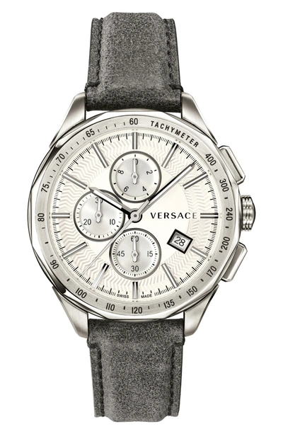 Shop Versace Glaze Chronograph Leather Strap Watch, 44mm In Grey/ Silver