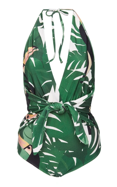 Shop Adriana Degreas Specialorder-geometric Foliage Halter Neck Swimsuit-ac In Green