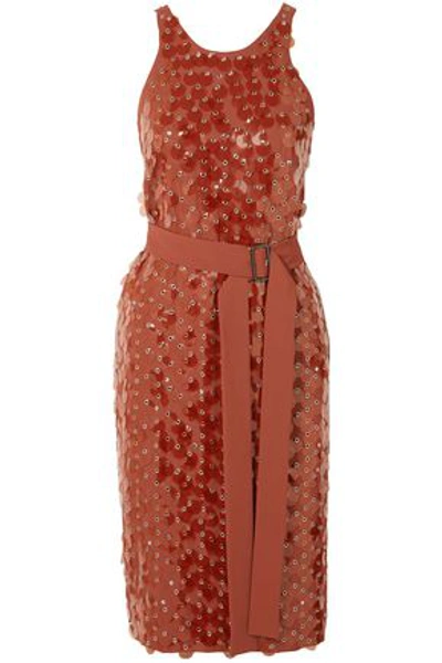 Shop Bottega Veneta Embellished Stretch-crepe Wrap Dress In Brick