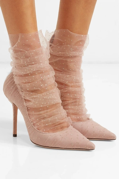 Shop Jimmy Choo Lavish 100 Glittered Tulle And Suede Pumps In Antique Rose
