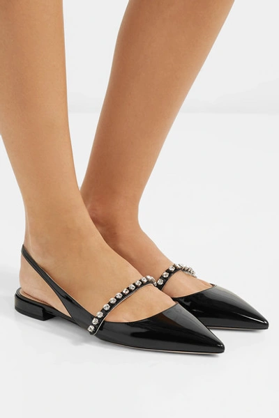 Shop Miu Miu Crystal-embellished Patent-leather Slingback Flats In Black