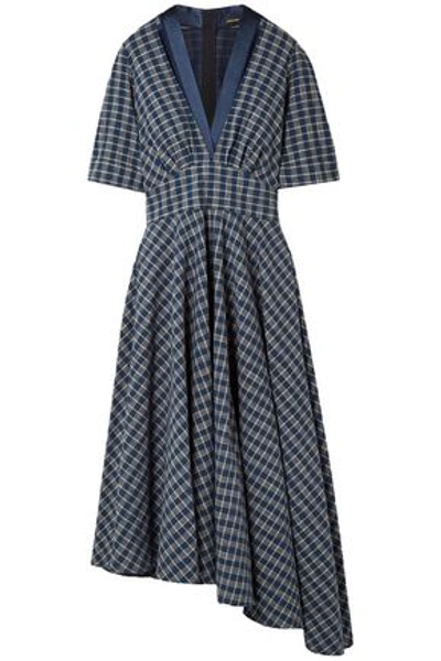 Shop Adam Lippes Woman Asymmetric Gathered Checked Cotton-poplin Midi Dress Indigo