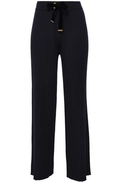 Shop Mother Of Pearl Woman Iona Velvet-trimmed Ribbed-knit Wide-leg Pants Midnight Blue