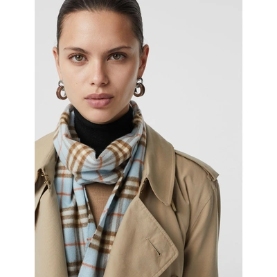 Shop Burberry The Classic Vintage Check Cashmere Scarf In Pale Peridot Blue