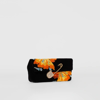 Shop Burberry The Small Pin Clutch In Floral Velvet In Black