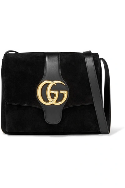 Shop Gucci Arli Medium Leather-trimmed Suede Shoulder Bag In Black