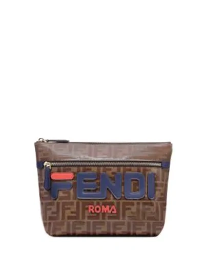 Shop Fendi Mania Large Pyramid Coated Canvas Pouch In Brown