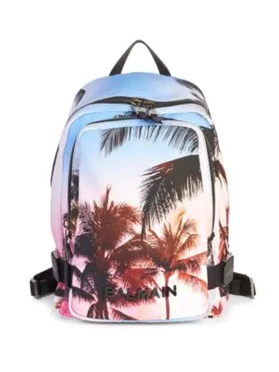 Shop Balmain Tropical Printed Backpack In Multi Blue