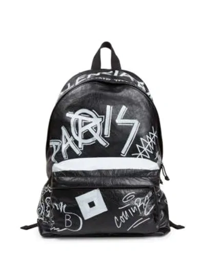 Shop Balenciaga Men's Graffiti Explorer Leather Backpack In Black White