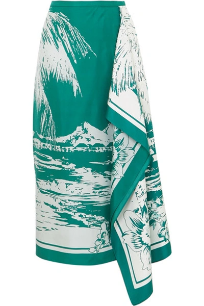 Shop Tibi Leilani Draped Printed Silk-twill Midi Skirt In Emerald