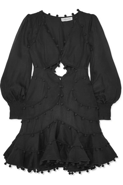 Shop Zimmermann Corsage Bauble Pompom-embellished Linen Mini Dress In Black
