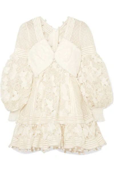 Shop Zimmermann Pompom-embellished Paneled Cotton And Silk-blend Guipure Lace Mini Dress In Ivory