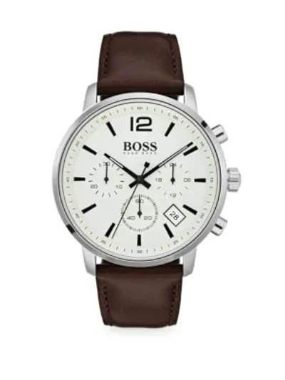 Shop Hugo Boss Attitude Stainless Steel & Brown Leather Strap Chronograph Watch In Ivory