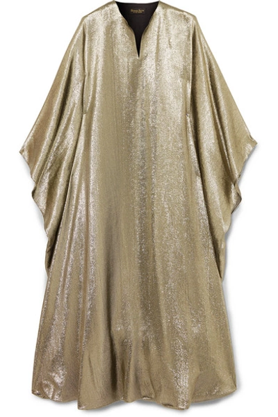 Shop Reem Acra Draped Lamé Midi Dress In Metallic