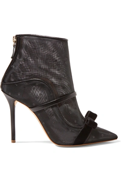 Shop Malone Souliers By Roy Luwolt Claudia 100 Velvet And Leather-trimmed Point D'esprit Mesh Ankle Boots In Black