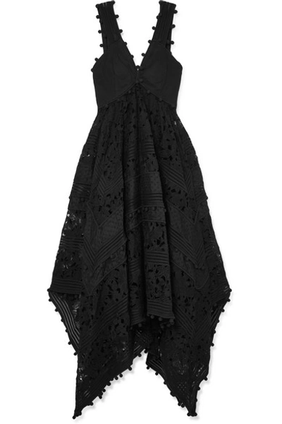 Shop Zimmermann Asymmetric Canvas-paneled Crochet-trimmed Lace Maxi Dress In Black