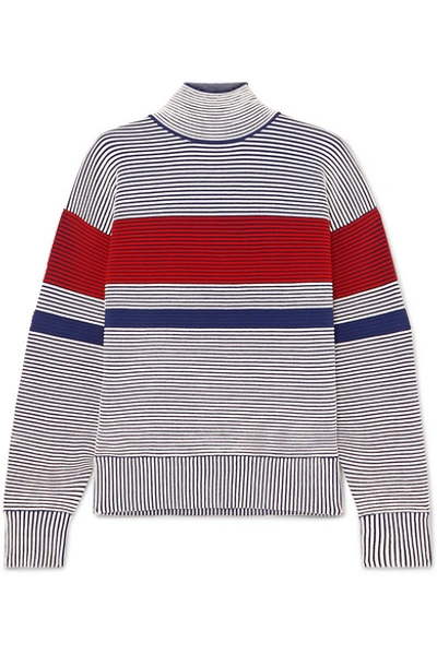 Shop Nagnata Striped Ribbed Organic Cotton Turtleneck Sweater In Gray