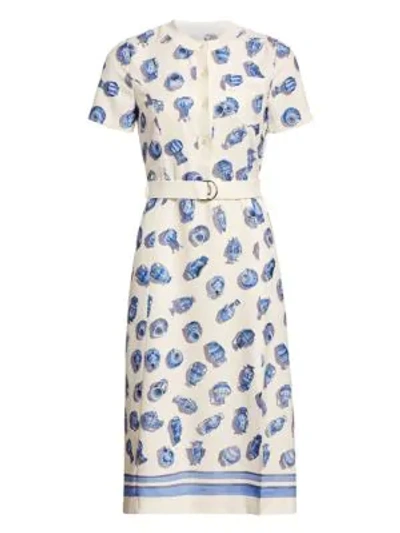 Shop Altuzarra Printed Short Sleeve Belted A-line Dress In Ivory Multi