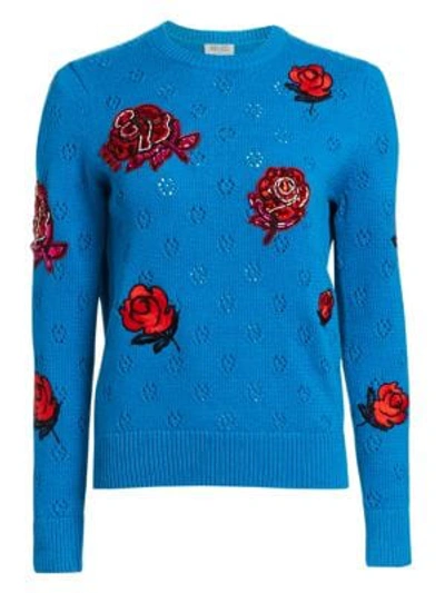 Shop Kenzo Embellished Rose Crewneck Sweater In French Blue