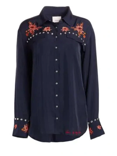 Shop Cinq À Sept Lexi Embroidered Studded Blouse In Navy Multi